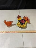 Glass bird figurine and rooster plate