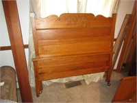 antique high back oak bed w/ rails & applied