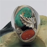 SZ 9 STERLING SILVER TURQUOISE CORAL RING
