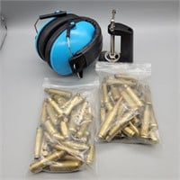MIXED RELOAD BRASS, EAR MUFFS & TABLE CLAMP