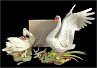 (3pc) Boehm Porcelain Mute Swan Figurines & Book