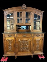 HEAVY CARVED OAK CONTINENTAL MARBLE TOP SIDEBOARD