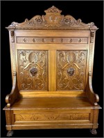 MONUMENTAL HEAVY CARVED 19TH CENT. HALL SEAT