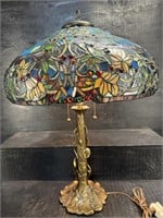 LARGE 2 LIGHT TIFFANY STYLE BRONZE BASE TABLE LAMP