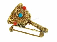 14k Yellow Gold, Turquoise & Coral Bell Brooch