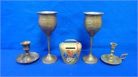 Brass Lot Keyed Coin Bank, Goblets & Candleholders