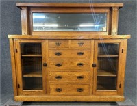 OAK MISSION STYLE BACK BAR WITH MIRROR