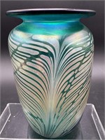 SIGNED ART GLASS PULLED FEATHER VASE;  GREAT