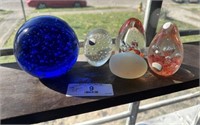 4 Art Glass Paperweights And Glass Egg