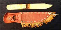 Vintage carved bone knife w/ leather sheath