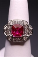 STERLING RUBY & WHITE SAPPHIRE RING, LAB GROWN