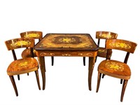 ITALIAN INLAID GAME TABLE AND 4 CHAIRS