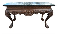 HEAVY CARVED MAHOGANY MARBLE TOP CONSOLE TABLE