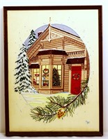 Vntg framed cross stitched Christmas scene art