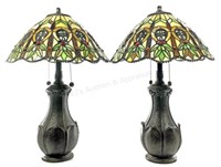 Pair Art Nouveau Inspired Slag Glass Table Lamps