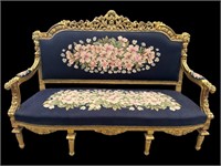 HEAVY CARVED GOLD NEEDLEPOINT FRENCH SOFA