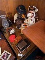End Table, Dolls, Oil Lamp and Miscellaneous