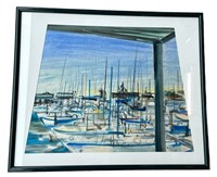 Mid Century Dockside Scene Watercolor