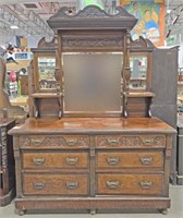 (2pc) Antique Edwardian Oak Dbl Dresser & Mirror