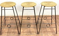 3pc Wrought  Iron And Straw Bars Stools