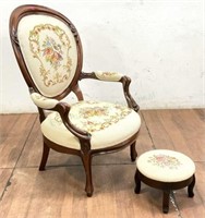 Antique Walnut Victorian Parlor Chair & Stool