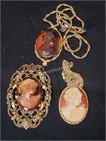 2 - CAMEO PINS & 2 -  NECKLACES & 2 PR EARRINGS