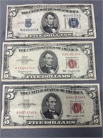 (3) Red & Blue Seal $5 Bills