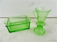 Lot of 3 Vaseline Glass Items - Dish Pitcher &