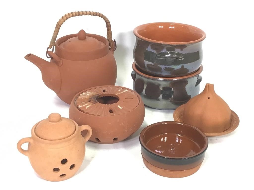 9 Red Clay Pottery Teapot, Bowls & Other Dishes