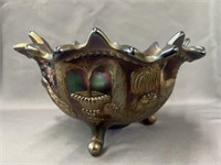 Peafowl Pattern Carnival Glass Footed Bowl