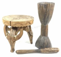 (3pc) Wooden Stool, Mortar & Pestle