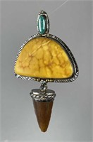 Cynthia Mann Turquoise Amber Dinosaur Tooth Brooch