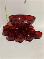 RUBY GLASS PUNCH BOWL WITH 12 CUPS