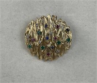 14KYG Emerald Sapphire Ruby Diamond Brooch