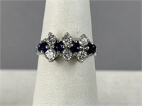 Ladies 14K Three Row Diamond Sapphire Ring