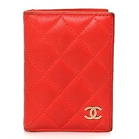 Chanel Red Lambskin Quilted Card Holder Wallet