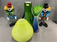 (2) Murano Glass Style Clowns with Art Glass Vases