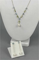 14K Blue Topaz Peridot Pearl Necklace Earrings Set