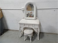 Antique White Wicker Vanity Desk with Mirror &