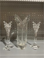 CRYSTAL CANDLE HOLDERS AND MATCHING VASE