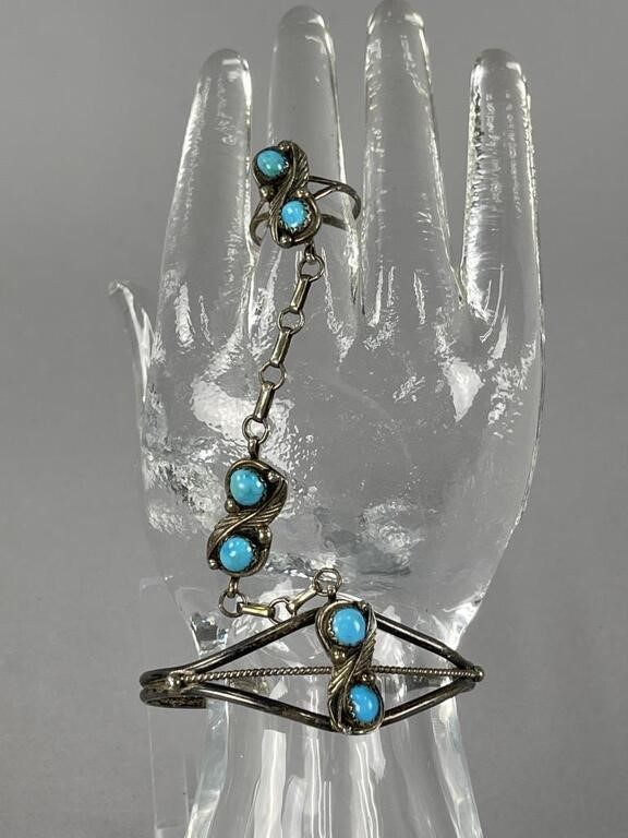 Sterling Silver Turquoise Cuff Bracelet Ring Set