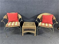 3 PC WICKER AND METAL TABLE AND CHAIR SET