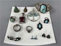 Silver Turquoise Coral Earrings, Bracelet, Rings