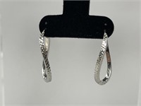 14K White Gold Diamond Cut Flat Oval Hoop Earrings