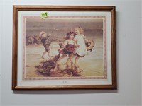 21" × 18"  Vintage Art -Three Children on a Beach