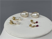 3 Pair 14K Earrings Ruby, Pearl & Mother of Pearl