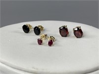 3 Pair 14K Earrings Garnet, Black Onyx & Ruby