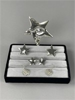 Sterling Silver Star Sun Earrings, Pin