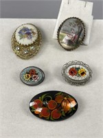 Italian Micro Mosaic Floral Pin, Painted Pins