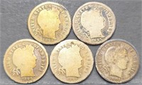 (5) U.S. Barber 10c Silver Dime Coins
